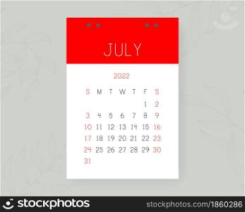 July ?alendar 2022. English vector calender page on wall background with leaves. Week starts on Sunday