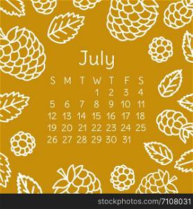 July calendar 2020. Vector English wall calender template. Fruits, berries. Raspberry. Hand drawn design. Doodle sketch. Sunday