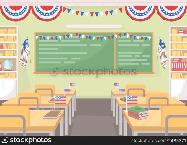 July fourth festive decor in classroom flat color vector illustration. Independence day celebration in school. Patriotic education 2D simple cartoon classroom interior with festive decor on background. July fourth festive decor in classroom flat color vector illustration