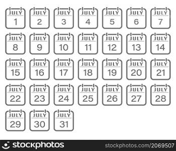 July is a month with numbers. A set of calendar sheets for a website, applications, scrapbooking and creative design. An empty contour. Flat design.
