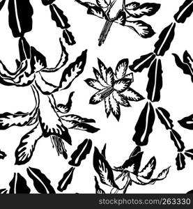 Jumbo large scale blooming Christmas cactus black and white seamless pattern