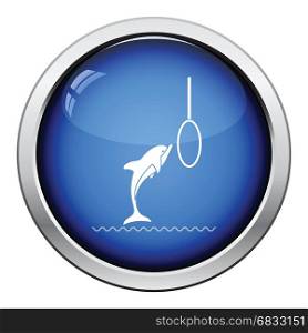 Jump dolphin icon. Glossy button design. Vector illustration.