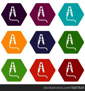 Jumper cable icons 9 set coloful isolated on white for web. Jumper cable icons set 9 vector