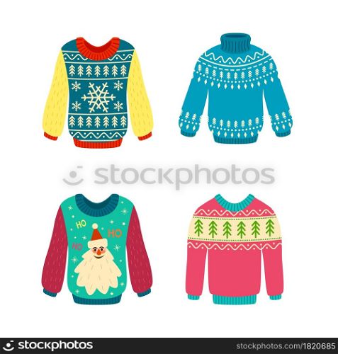 Jumpers with patterns christmas. Knitted xmas elements. Woolen ugly sweaters with snowflakes and santa, pullover stylish new year winter holiday design, cozy clothes. Vector cartoon flat isolated set. Jumpers with patterns christmas. Knitted xmas elements. Woolen ugly sweaters with snowflakes and santa, pullover stylish new year winter holiday design. Vector cartoon flat isolated set