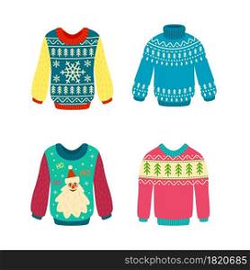 Jumpers with patterns christmas. Knitted xmas elements. Woolen ugly sweaters with snowflakes and santa, pullover stylish new year winter holiday design, cozy clothes. Vector cartoon flat isolated set. Jumpers with patterns christmas. Knitted xmas elements. Woolen ugly sweaters with snowflakes and santa, pullover stylish new year winter holiday design. Vector cartoon flat isolated set