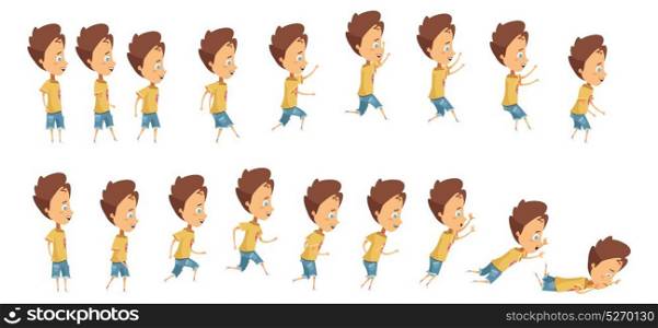 Jumping And Falling Boy Animation. Animation with frame sequence when jumping running and falling of boy cartoon style isolated vector illustration