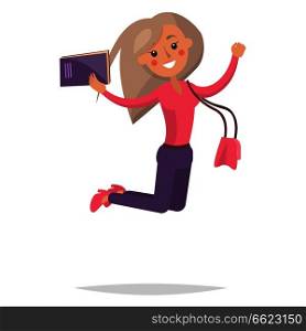 Jumping blonde girl student in pink sweater and shoes with book and purse isolated on white background. Emotion of happiness expression vector illustration. Reaction for successful exams passing.. Jumping Blond Girl Student with Book Illustration