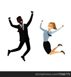 Jumping business people, African American businessman and caucasian business woman,isolated on white background,cartoon vector illustration. Jumping business people