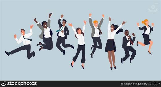 Jumping business people. Cheerful company employees, office managers, team event or motivated teamwork, happy men and women in formal suits having fun. Vector set. Jumping business people. Cheerful company employees, office managers, team event, men and women in formal suits having fun. Vector set