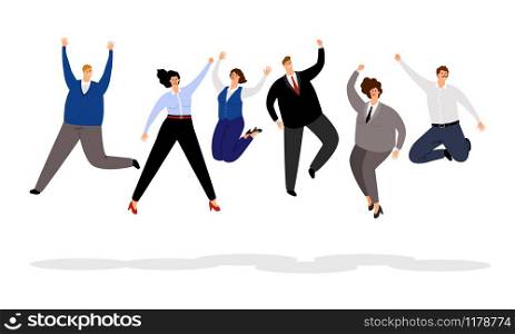 Jumping business people. Happy office people winning vector illustration, joyful and smiling cartoon businessmen and businesswomen team. Jumping business people. Happy office people winning illustration, joyful and smiling cartoon businessmen and businesswomen team