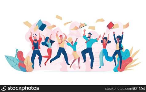 Jumping business people vector. Office fun. Happy office workers jumping up