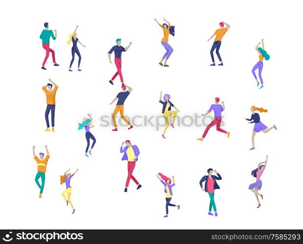 Jumping character in various poses. Group of young joyful laughing people jumping with raised hands. Happy positive young men and women rejoicing together, happiness, freedom, motion people concept.. Jumping character in various poses. Group of young joyful laughing people jumping with raised hands. Happy positive young men and women