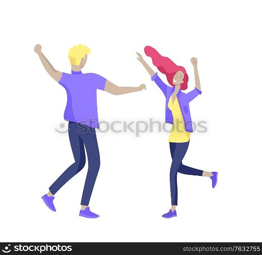Jumping character in various poses. Group of young joyful laughing people jumping with raised hands. Happy positive young men and women rejoicing together, happiness, freedom, motion people concept.. Jumping character in various poses. Group of young joyful laughing people jumping with raised hands. Happy positive young men and women