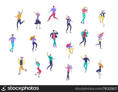 Jumping character in various poses. Group of young joyful laughing people jumping with raised hands. Happy positive young men and women rejoicing together, happiness, freedom, motion people concept.. Jumping character in various poses. Group of young joyful laughing people jumping with raised hands. Happy positive young men and women