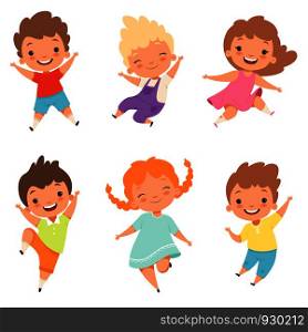 Jumping children. Cute surprised playing crazy happy kids male and female boys and girls vector cartoon characters. Female and male joy, young jumping illustration. Jumping children. Cute surprised playing crazy happy kids male and female boys and girls vector cartoon characters
