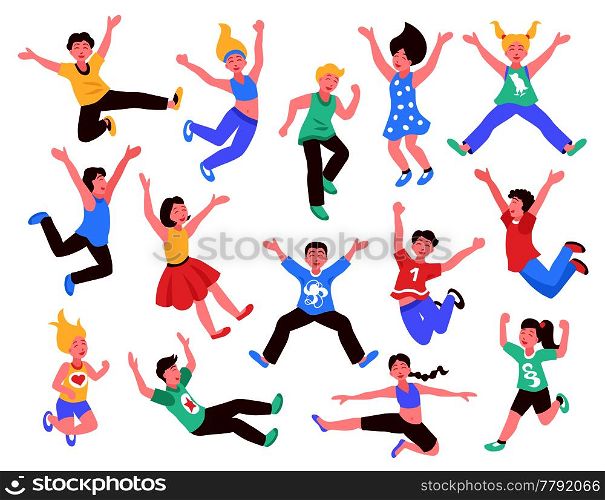 Jumping children set of flat isolated icons with human characters of teenage kids in various poses vector illustration. Happy Jumping Kids Set