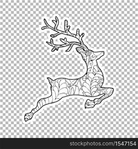 Jumping Deer Sticker vector linear illustration. Winter hand drawn clipart. Black and white sticker on transparent background. Christmas, New Year decoration. Coloring book isolated design element. Jumping Deer Sticker ornate illustration