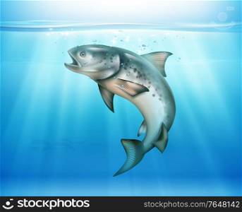Jumping fish underwater blue background illuminated by solar rays realistic vector illustration