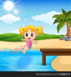 Jumping girl in a water illustration