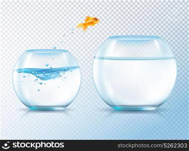 Jumping Golden Carp Composition. Fish jumping out bowl composition with realistic image of goldfish and two similar aquariums inflated with water vector illustration