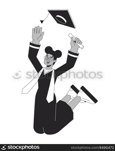Jumping graduate female african american flat line black white vector character. Editable outline full body person. Girl in doctoral gown simple cartoon isolated spot illustration for web design. Jumping graduate female african american flat line black white vector character