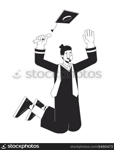 Jumping graduate male caucasian flat line black white vector character. Editable outline full body person. Happy student in academic dress simple cartoon isolated spot illustration for web design. Jumping graduate male caucasian flat line black white vector character