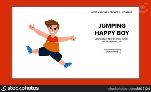 jumping happy boy vector. joy cheerful, young happiness, joyful kid, child childhood, person jumping happy boy web flat cartoon illustration. jumping happy boy vector