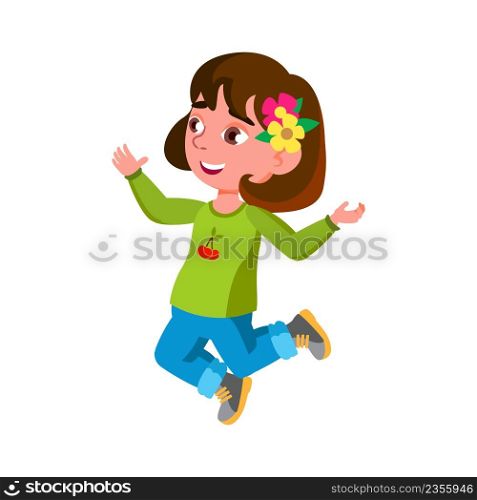 Jumping Happy Girl Child Enjoying Nature Vector. Caucasian Little Schoolgirl Running And Jumping On Park Meadow And Enjoy Life. Character With Positive Emotion Flat Cartoon Illustration. Jumping Happy Girl Child Enjoying Nature Vector