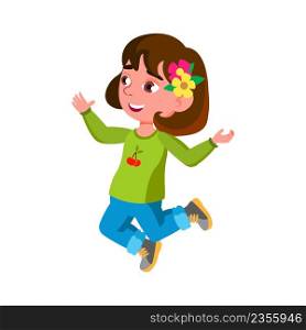 Jumping Happy Girl Child Enjoying Nature Vector. Caucasian Little Schoolgirl Running And Jumping On Park Meadow And Enjoy Life. Character With Positive Emotion Flat Cartoon Illustration. Jumping Happy Girl Child Enjoying Nature Vector