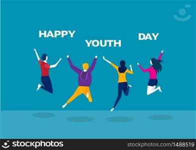 Jumping happy people team. Vector characters illustration. Young day
