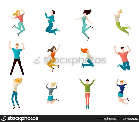 Jumping high male and female people avatar set isolated vector illustration