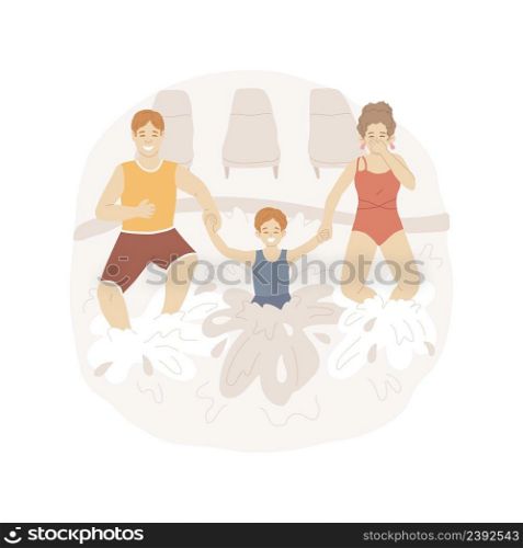 Jumping into a pool isolated cartoon vector illustration Family fun at backyard swimming pool, summer weekend, parents holding childrens hand, making a splash, jumping in water vector cartoon.. Jumping into a pool isolated cartoon vector illustration