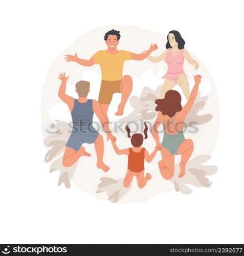 Jumping into pool isolated cartoon vector illustration Neighborhood party, neighbors having fun together, friends holding hands, jumping in swimming pool, adults and kids vector cartoon.. Jumping into pool isolated cartoon vector illustration