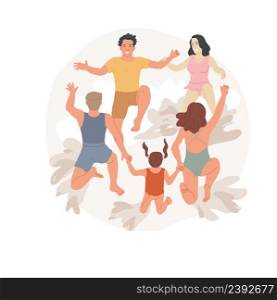 Jumping into pool isolated cartoon vector illustration Neighborhood party, neighbors having fun together, friends holding hands, jumping in swimming pool, adults and kids vector cartoon.. Jumping into pool isolated cartoon vector illustration