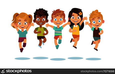 Jumping kids. Cartoon children playing and jump isolated happy active cute surprised kid vector character set. Jumping kids. Cartoon children playing and jump isolated happy active cute surprised kid vector characters