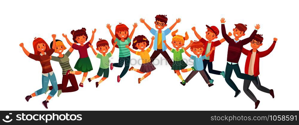Jumping kids. Excited childrens jump or exercising together. Kid friendship character summer holiday surprised jumping or children active playing vector illustration isolated icons set. Jumping kids. Excited childrens jump vector or exercising together illustration isolated set