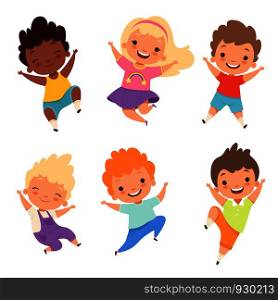 Jumping kids. Happy school children smile laugh boys and girls playing vector cartoon characters. Illustration of happy cartoon school boy and girl. Jumping kids. Happy school children smile laugh boys and girls playing vector cartoon characters