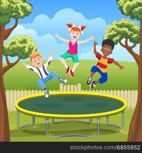 Jumping kids on trampoline in backyard. Happy jumping kids on trampoline in backyard. Funny children on courtyard playground vector illustration