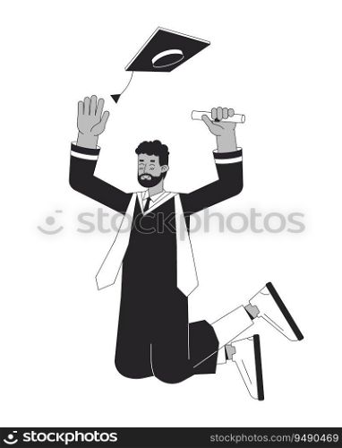 Jumping male student in graduation gown flat line black white vector character. Editable outline full body person. Graduate holding diploma simple cartoon isolated spot illustration for web design. Jumping male student in graduation gown flat line black white vector character