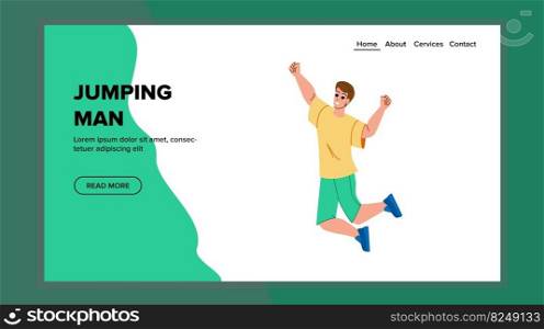 jumping man vector. young jump, happy guy, fun joy, casual male, student fashion, air fly, excited winner jumping man character. people flat cartoon illustration. jumping man vector