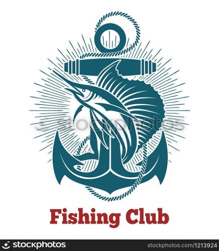 Jumping Marlin and Anchor with Ropes. Fishing Club Emblem. Vector Illustration.