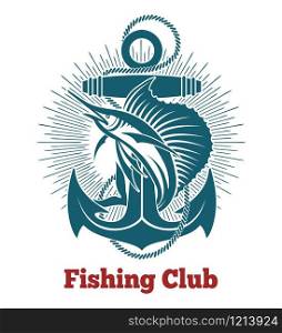 Jumping Marlin and Anchor with Ropes. Fishing Club Emblem. Vector Illustration.