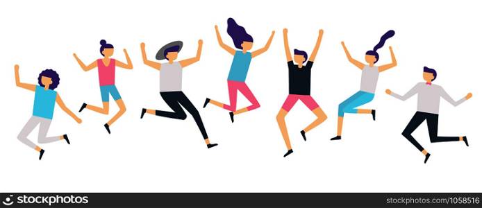 Jumping people. Active adults friends group jump. Happy female and male characters jumped and laugh, excited joyful jumping team flat vector illustration isolated icons set. Jumping people. Active adults friends group jump. Happy female and male characters jumped and laugh vector illustration