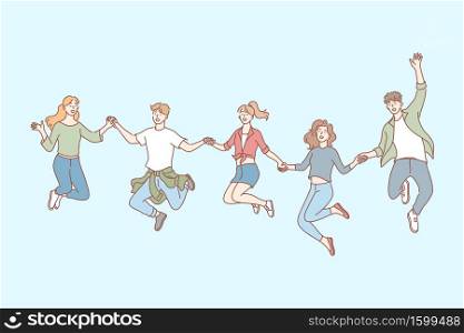Jumping people, friendship, leisure set concept. Young jumping happy people, men and women, boys and girls, teenagers students together holding hands. Happiness and joy lifestyle. Simple flat vector. Jumping people, friendship, leisure set concept