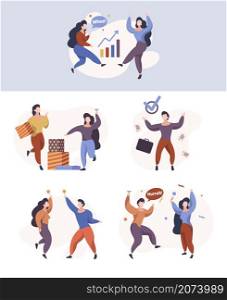 Jumping people. Happy characters professional celebration party activities success persons man and woman garish vector flat illustrations. People cheerful male and female jump with happiness. Jumping people. Happy characters professional celebration party activities success persons man and woman garish vector flat illustrations