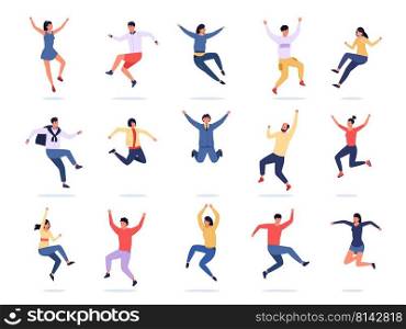Jumping people. Happy young characters express emotions, teen group in colorful trendy clothes. Vector joyful flying persons in motion, male and female avatars. Cheerful man and woman office workers. Jumping people. Happy young characters express emotions, teen group in colorful trendy clothes. Vector joyful flying persons in motion, male and female avatars