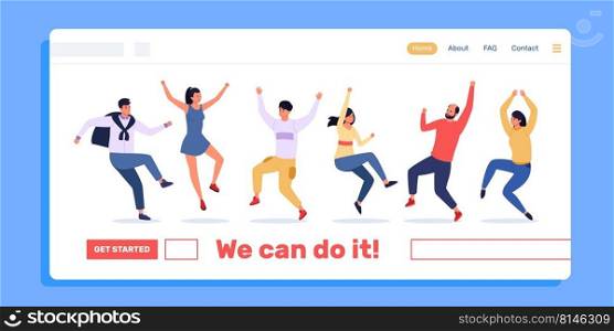 Jumping people landing. Web page template with happy friends dancing together and have fun. Vector positive motivation and success concept. Cheerful man and woman having achievement. Jumping people landing. Web page template with happy friends dancing together and have fun. Vector positive motivation and success concept