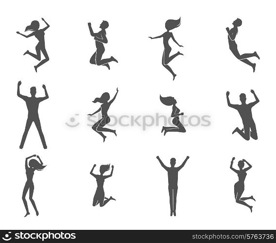 Jumping people male and female figures black characters set isolated vector illustration. Jumping People Set