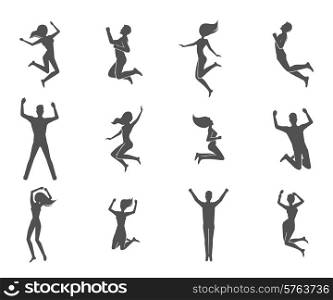Jumping people male and female figures black characters set isolated vector illustration. Jumping People Set