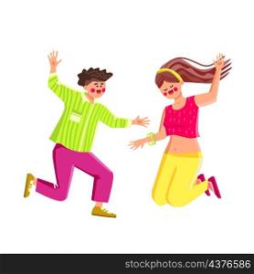 Jumping People Man And Woman Togetherness Vector. Happy Jumping People Boy And Girl Celebrate Victory Or Successful Achievement. Characters With Positive Emotion Flat Cartoon Illustration. Jumping People Man And Woman Togetherness Vector